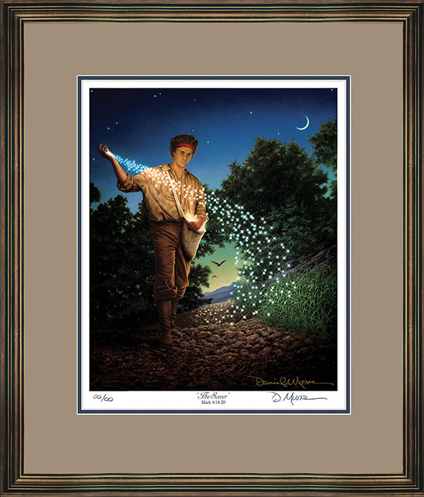 The Sower • Regular Edition Print shown with the Aged Gold Frame and Tudor over Blue matting.