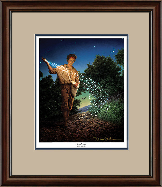 The Sower • Open Edition Print (11"x13½") shown with the Walnut Frame and Putty over Blue matting.