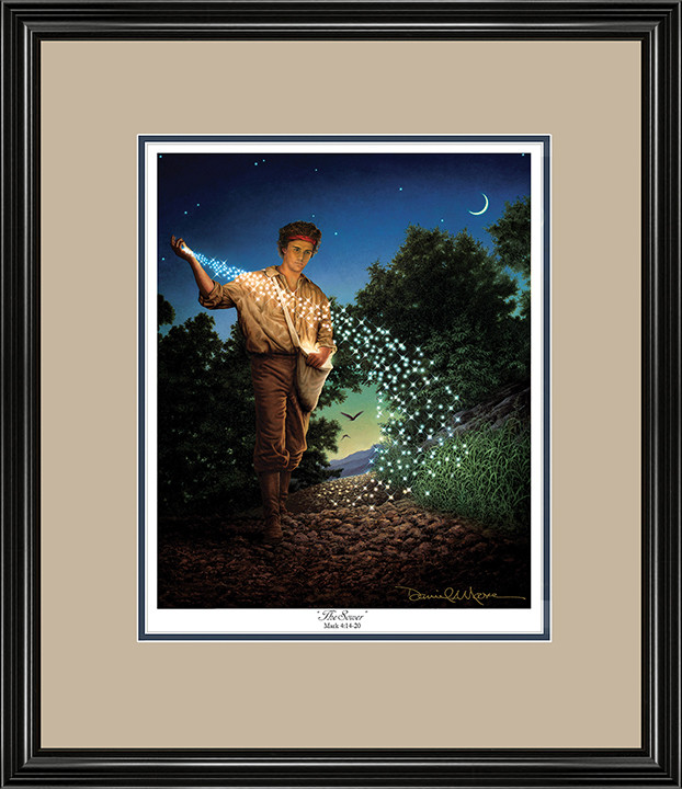 The Sower • Open Edition Print (11"x13½") shown with the Black Frame and Putty over Blue matting.
