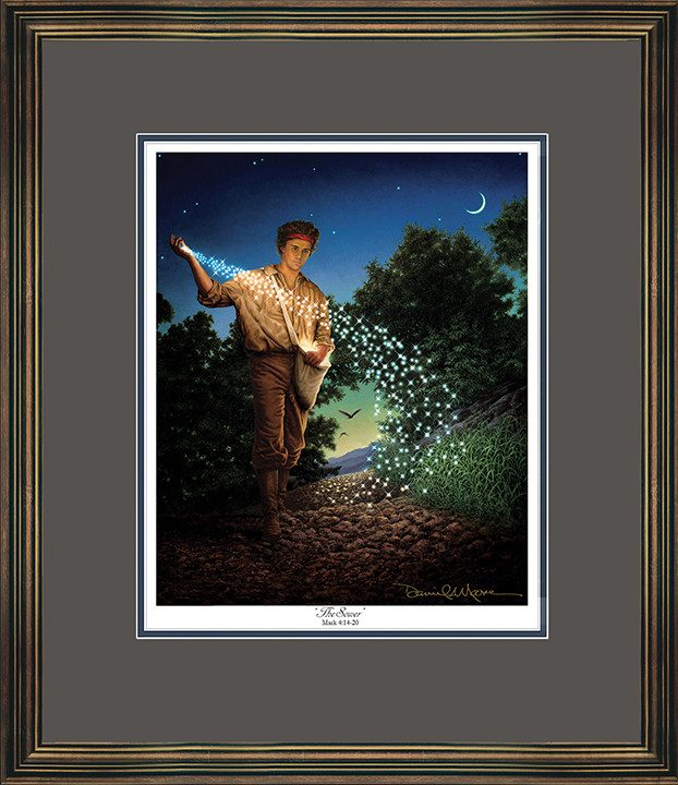 The Sower • Open Edition Print (11"x13½") shown with the Aged Gold Frame and Dusk over Blue matting.