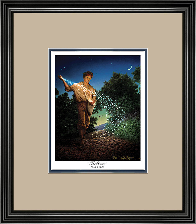 The Sower • Open Edition Print (8"x10") shown with the Black Frame and Putty over Blue matting.