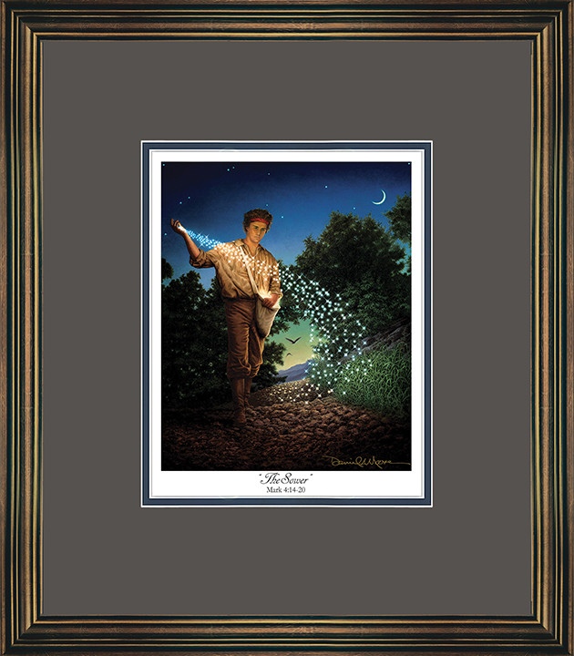 The Sower • Open Edition Print (8"x10") shown with the Aged Gold Frame and Dusk over Blue matting.