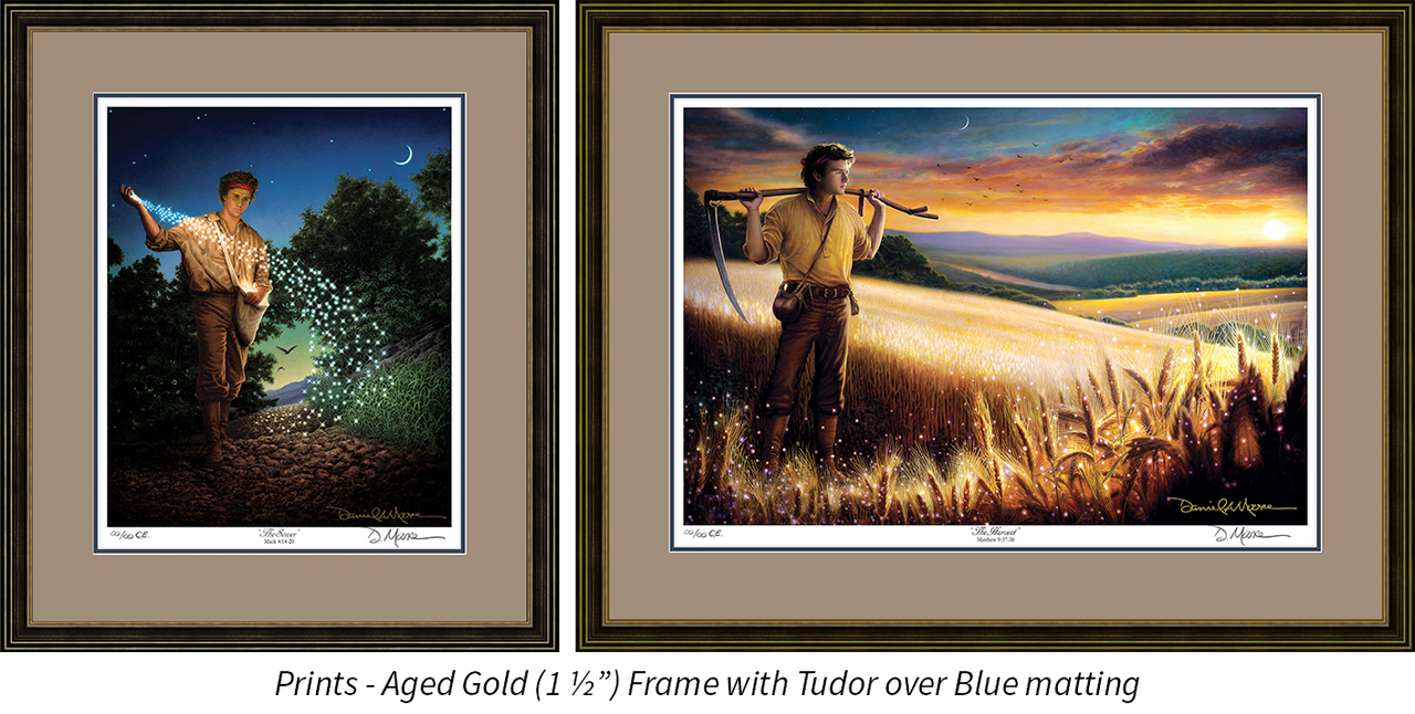 Prints shown with the Aged Gold frame and Tudor over Blue matting.