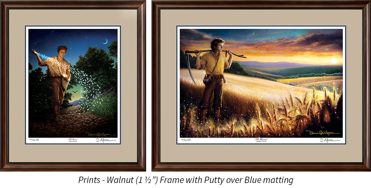 Prints shown with the Walnut frame and Putty over Blue matting.
