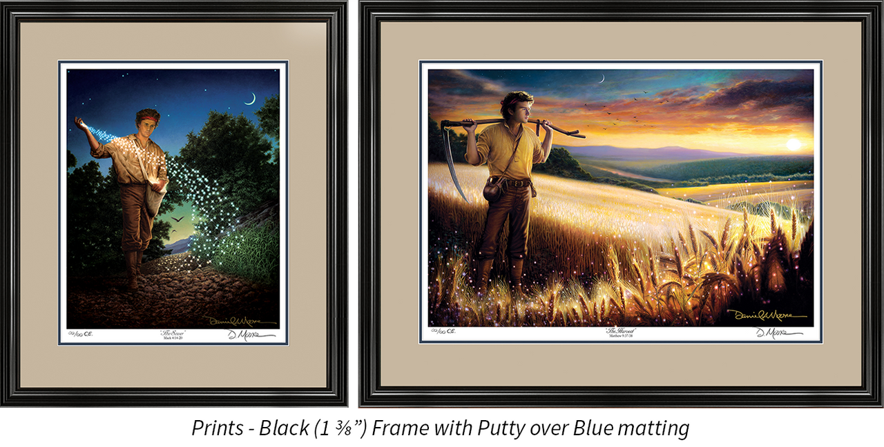 Prints shown with the Black frame and Putty over Blue matting.