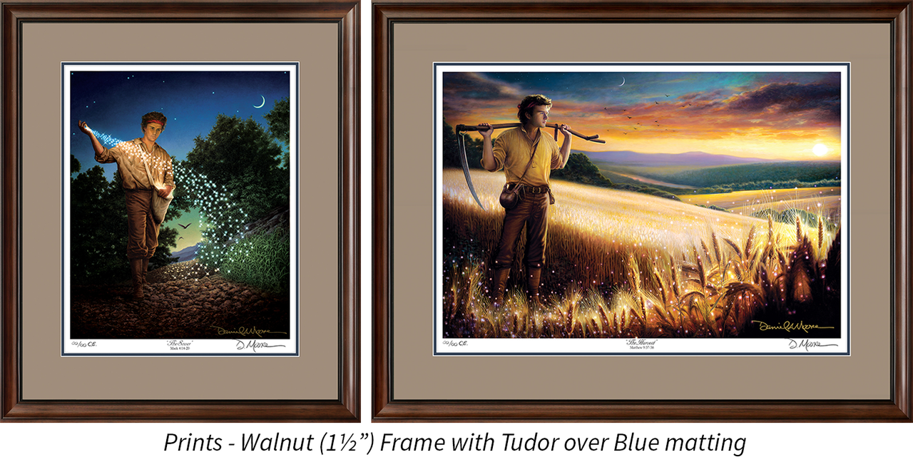 Prints shown with the Walnut frame and Tudor over Blue matting.