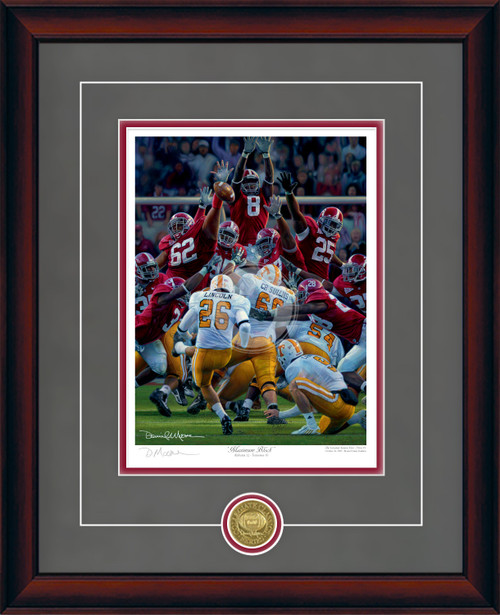 "Maximum Block" - Collegiate Classic print.  Mahogany frame • Charcoal Suede/Crimson matting with optional v-groove.