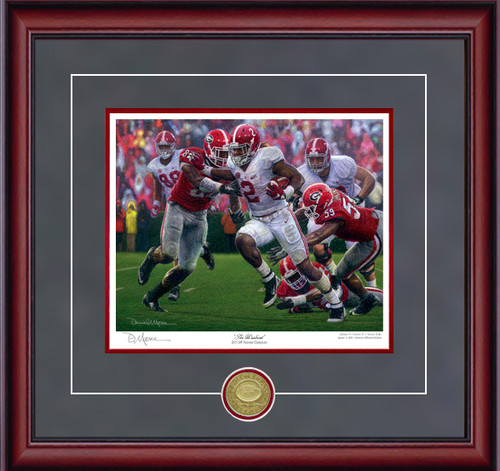 The Washout Collegiate Classic in the Mahogany frame with Charcoal Suede over Crimson matting