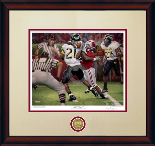 "The Catch" - Collegiate Classic print.  Mahogany frame • Oyster/Crimson matting. "The Catch" - Collegiate Classic print.  Mahogany frame • Oyster/Crimson matting.