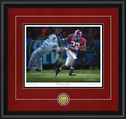 "The Heisman Spirit" - Collegiate Classic print.  Black frame • Crimson Suede/Black matting with optional v-groove.
