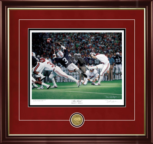 "The Kick"  Collegiate Classic print.  Mahogany/Gold Lip frame • Crimson Suede/Black matting with optional v-groove. "The Kick"  Collegiate Classic print.  Mahogany/Gold Lip frame • Crimson Suede/Black matting with optional v-groove.