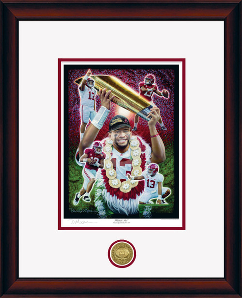 "Mahalo, Tua!" - Collegiate Classic print.  Mahogany frame • White/Crimson matting. "Mahalo, Tua!" - Collegiate Classic print.  Mahogany frame • White/Crimson matting.