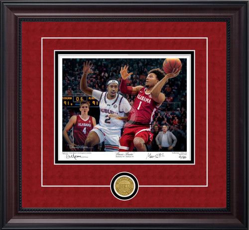 "Buzzer-Beater" by Daniel A. Moore - Collegiate Classic print.  Mahogany/Black Bead frame • Crimson Suede/Black matting  v-groove. "Buzzer-Beater" by Daniel A. Moore - Collegiate Classic print.  Mahogany/Black Bead frame • Crimson Suede/Black matting  v-groove.