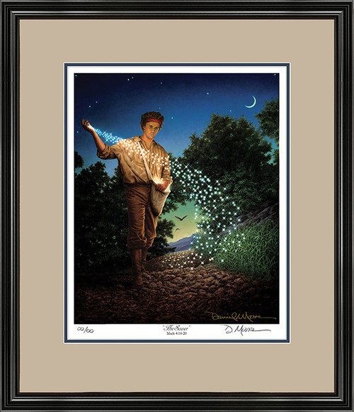 The Sower • Regular Edition Print shown with the Black Frame and Putty over Blue matting.
