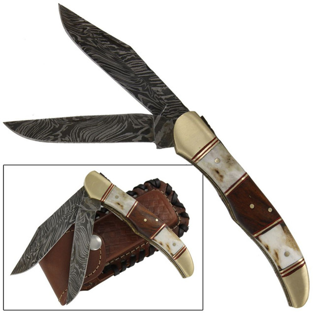 Double Bladed Stag Damascus Folding Knife