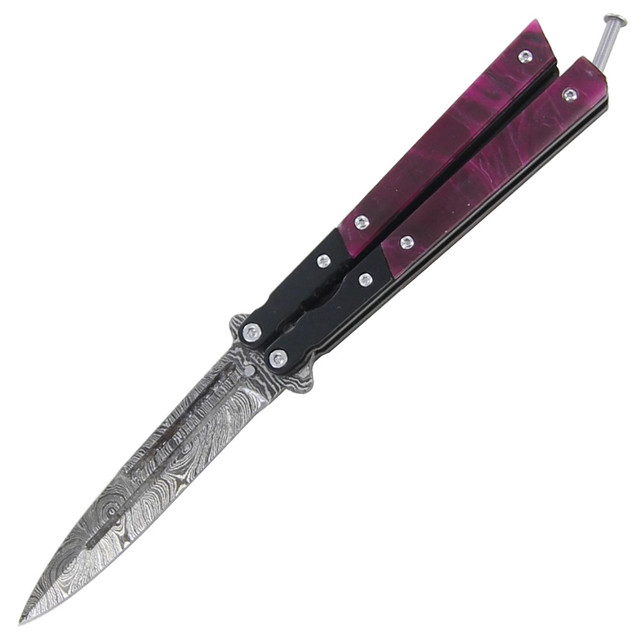Heavy Duty Quiet Cabernet Damascus Butterfly Knife
