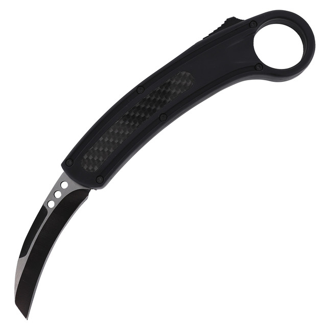 No More Games Karambit Style OTF Knife – Dual Action Automatic, Carbon Fiber Inlay Handle, Stainless Steel Blade