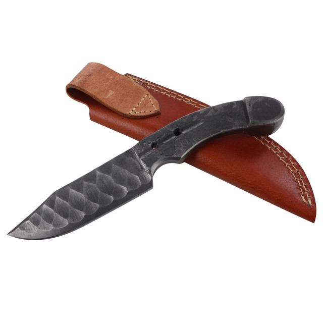 Gifted Hostler Horseshoe Knife | Full Tang Hand Forged Carbon Steel Sharpened Diamond Scalloping Texture Blade w/ Leather Sheath