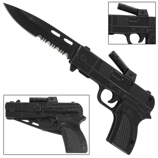 Tactical Pistol Knife with Blade & Flashlight – Spring Assist Folding Design