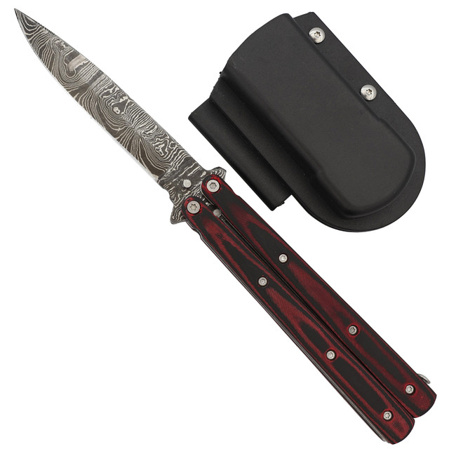 Micarta Simple Butterfly Red & Black Knife w/ ABS Belt Holster | Damascus Steel Blade | Drop Point