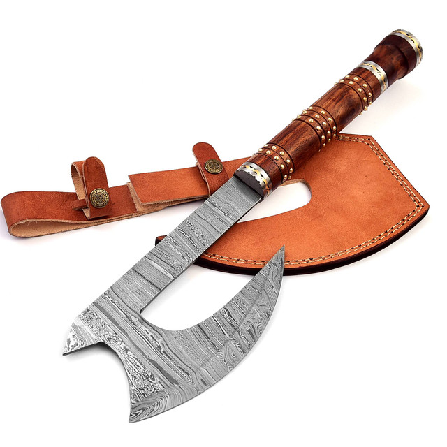 Far Sight Full Tang Viking Medieval Inspired Damascus Steel Bearded Throwing Axe w/ Wood Handle & Genuine Leather Sheath