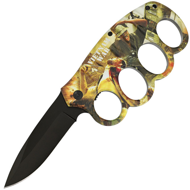Spring Assist Trench Knife – 4 Finger Knuckle Handle, Black Blade