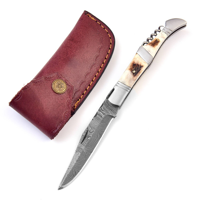 Natural Connection Hand Forged Damascus Steel Everyday Hunting Folding Knife w/ Authentic Staghorn Handle & Corkscrew
