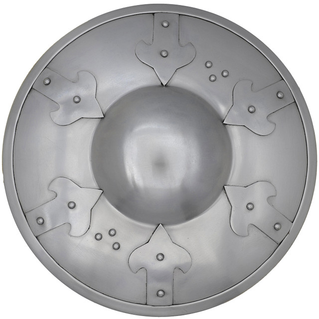 Point to Sun Medieval Buckler Shield | 16G Steel Round Single Hand Carry Polished Finish Renaissance Fair Outfit Piece w/ Arrow Design