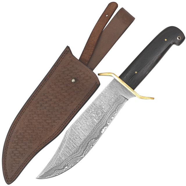 Tumbleweed Full Tang Damascus Steel Bowie Hunting Knife w/ Genuine Leather Sheath