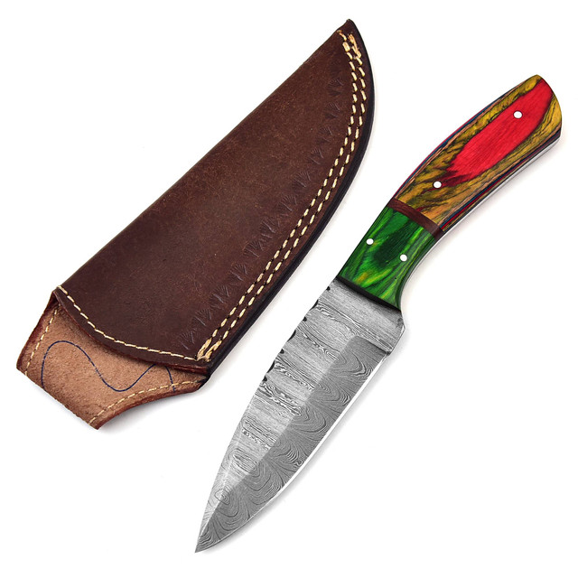 Moluccan Eclectus Damascus Steel Full Tang Hunting Knife | Leather Sheath Included