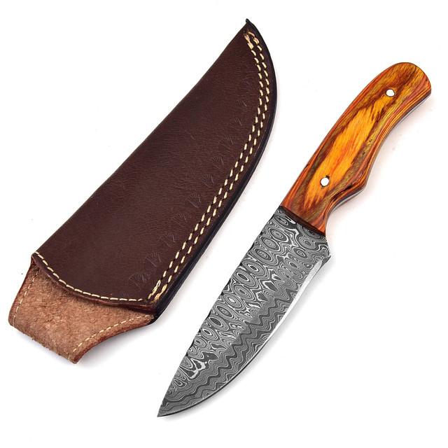 Midnight Sun Damascus Steel Full Tang Hunting Knife | Leather Sheath Included