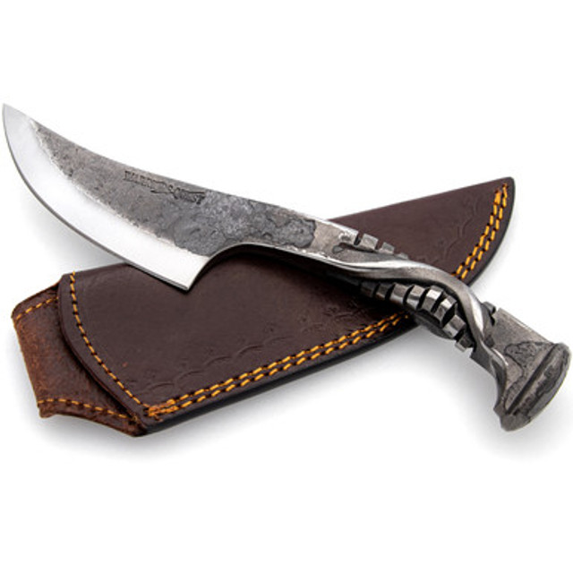 Forged Railroad Spike  Gear Grinder Knife – Durable Carbon Steel Trailing Point Blade with Leather Sheath