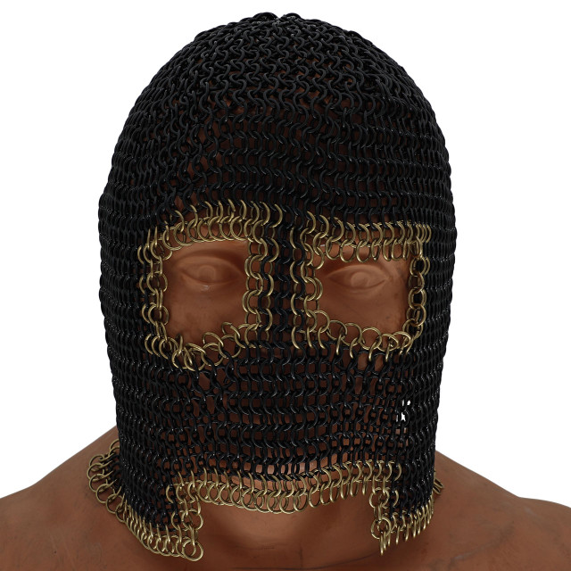 Butted Chainmail Face Coif | Mild Steel | Elegant Black Chainmail with Gold Ring Accents