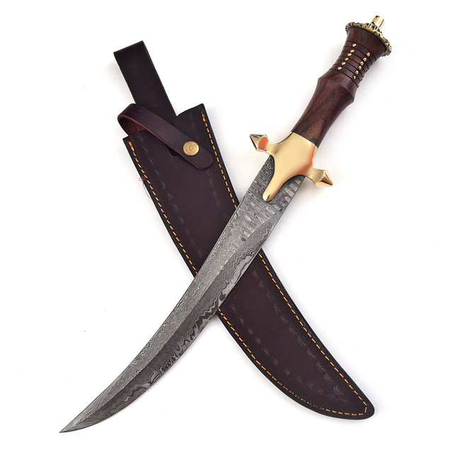 Damascus Steel Jambiya Dagger - Arabic-Style Trailing Point Knife