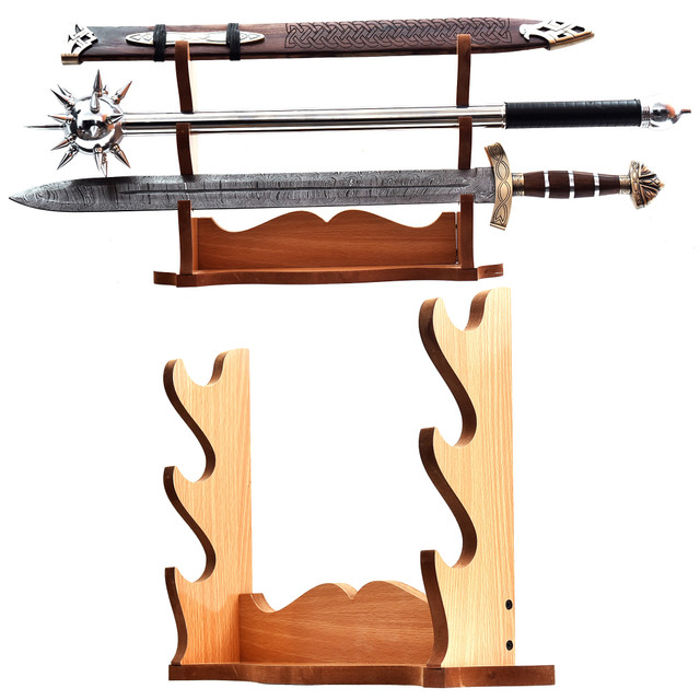 Wooden 3-Piece Sword Table Stand – Triple Display Rack
