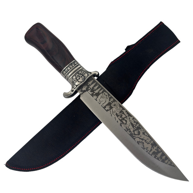 Premium 12.75" Fixed Blade Survival Knife – Engraved Forest Scene Blade, Compass Pommel & Sheath