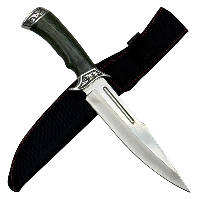 Premium 12.25" Fixed Blade Hunting Knife – Drop Point Stainless Steel Blade with Green Hardwood Handle & Sheath