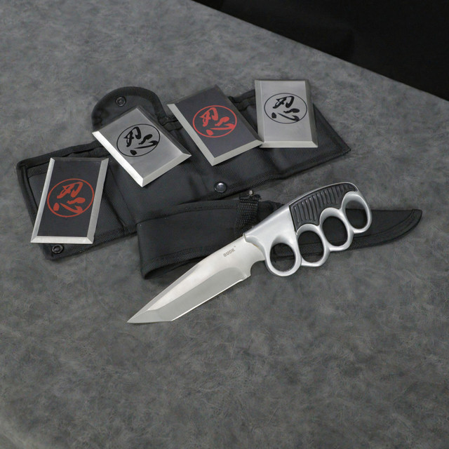Iron Grip 9.25" Satin Fixed Blade & 4-Piece Stainless Steel Throwing Set