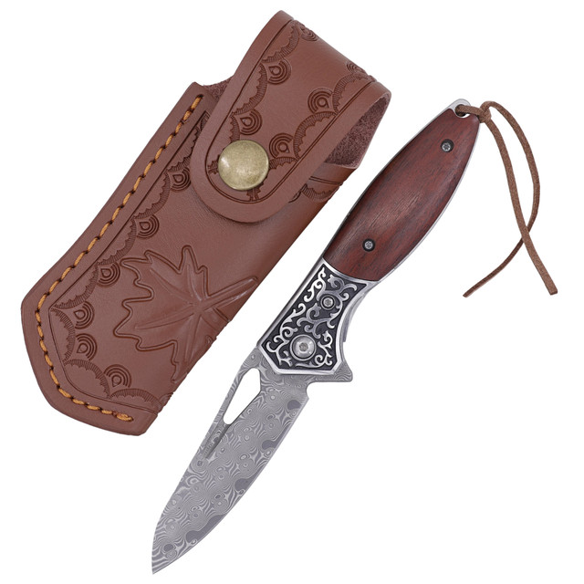Artisan Engraved Damascus Folding Knife with Wood Handle & Leather Carry Sheath