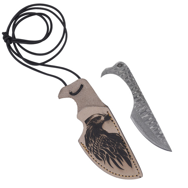 Raven Neck Carry Damascus Steel Blade with Leather Necklace Sheath