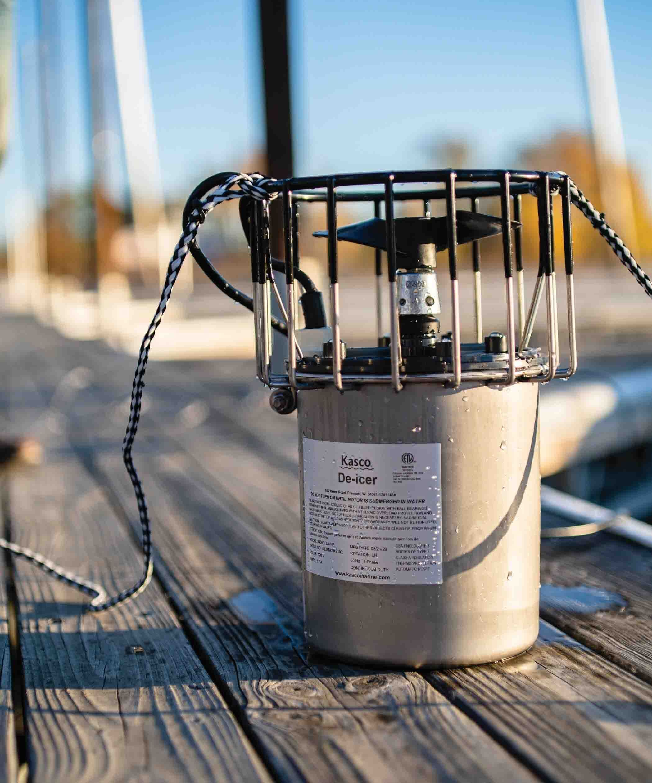 A Kasco De-icer on a dock in summer in Canada