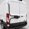 Surco TF300 black hinge-mounted tire carrier on Ford Transit driver-side rear door, shown without tire