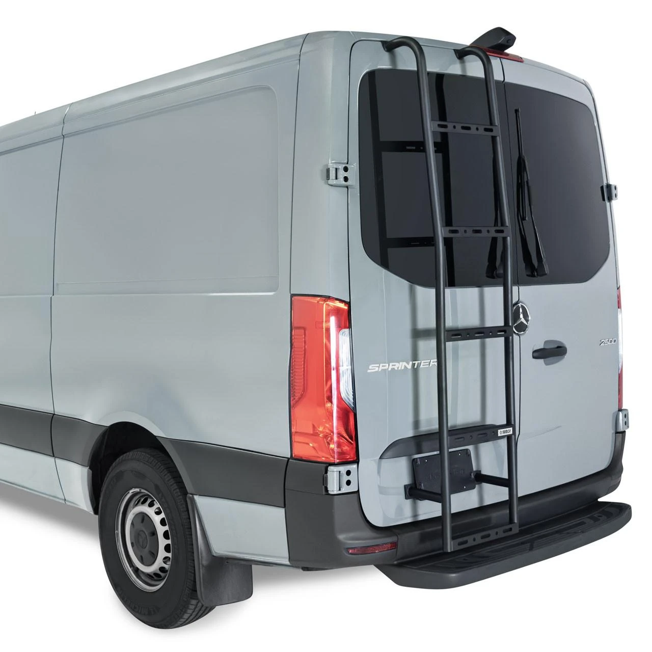 No-Drill stainless steel ladder mounted on a Mercedes Sprinter van door