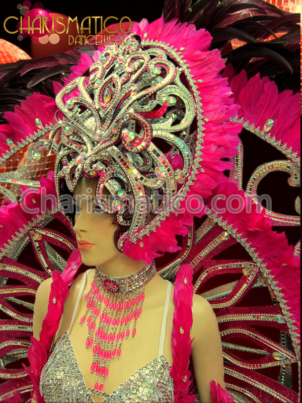 Pink And Silver Circular Style Vegas Showgirl Headdress Backpack And Leotard Set