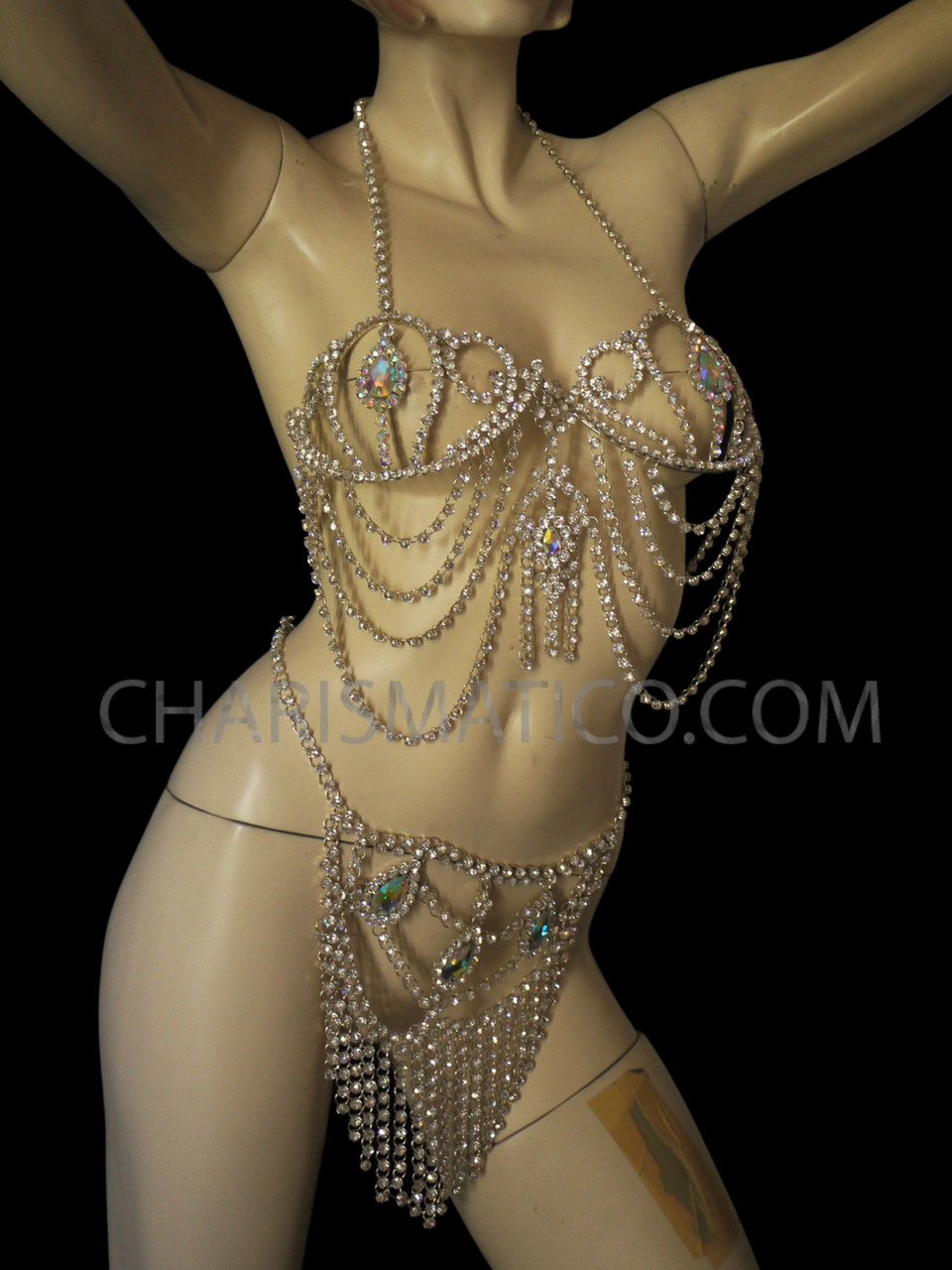 Rhinestone Chained Iridescent Crystal Accented Body Harness Bra