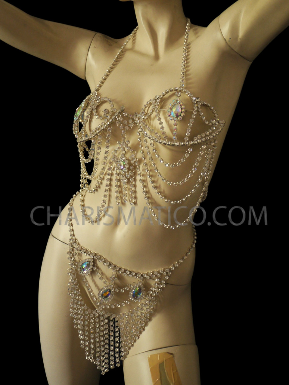 Iridescent Crystal Burlesque Body Rhinestone Showgirl'S Bra And Belt Thong