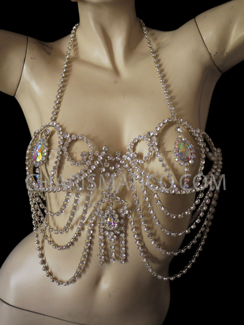 Iridescent Crystal Burlesque Body Rhinestone Showgirl'S Bra And Belt Thong