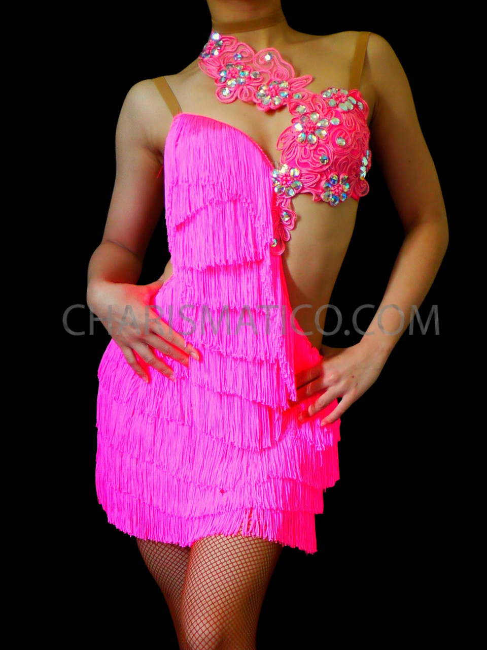 Asymmetrical Latin Hot Pink Fringe Salsa Dance Dress With Lace Applique ...