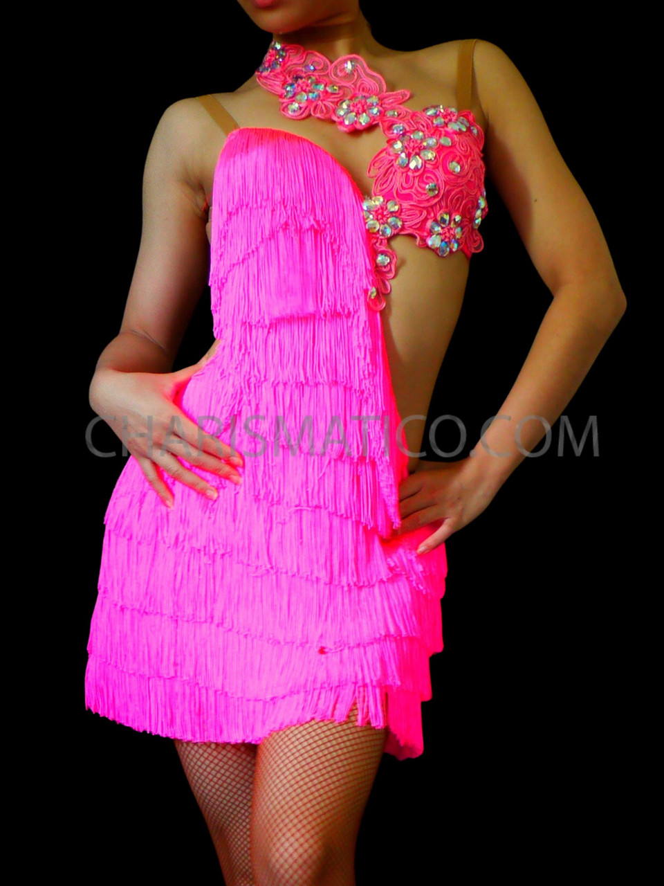 Asymmetrical Latin Hot Pink Fringe Salsa Dance Dress With Lace Applique ...