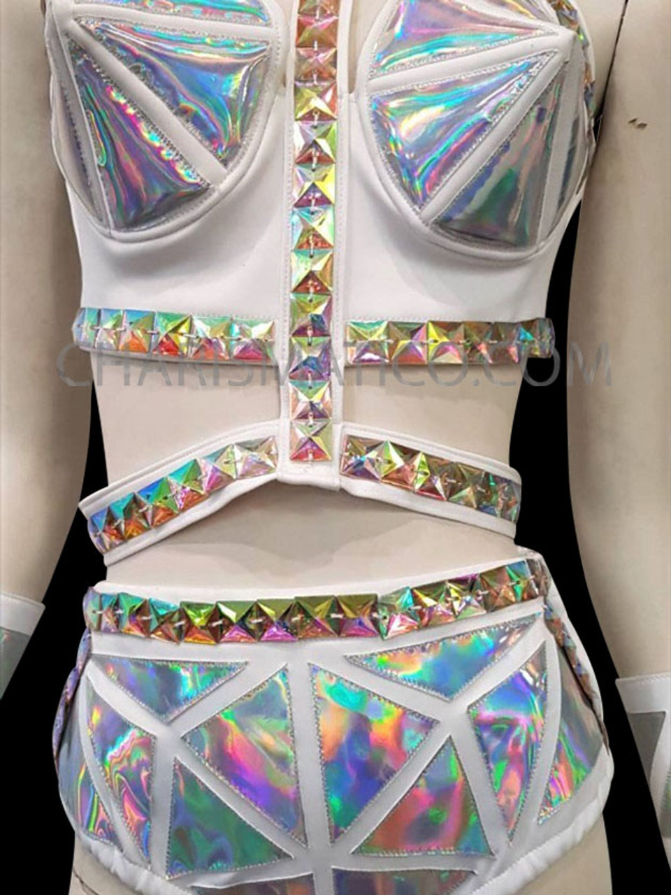 Silver Hologram Spiky Rave Festival Top With Hot-Pants